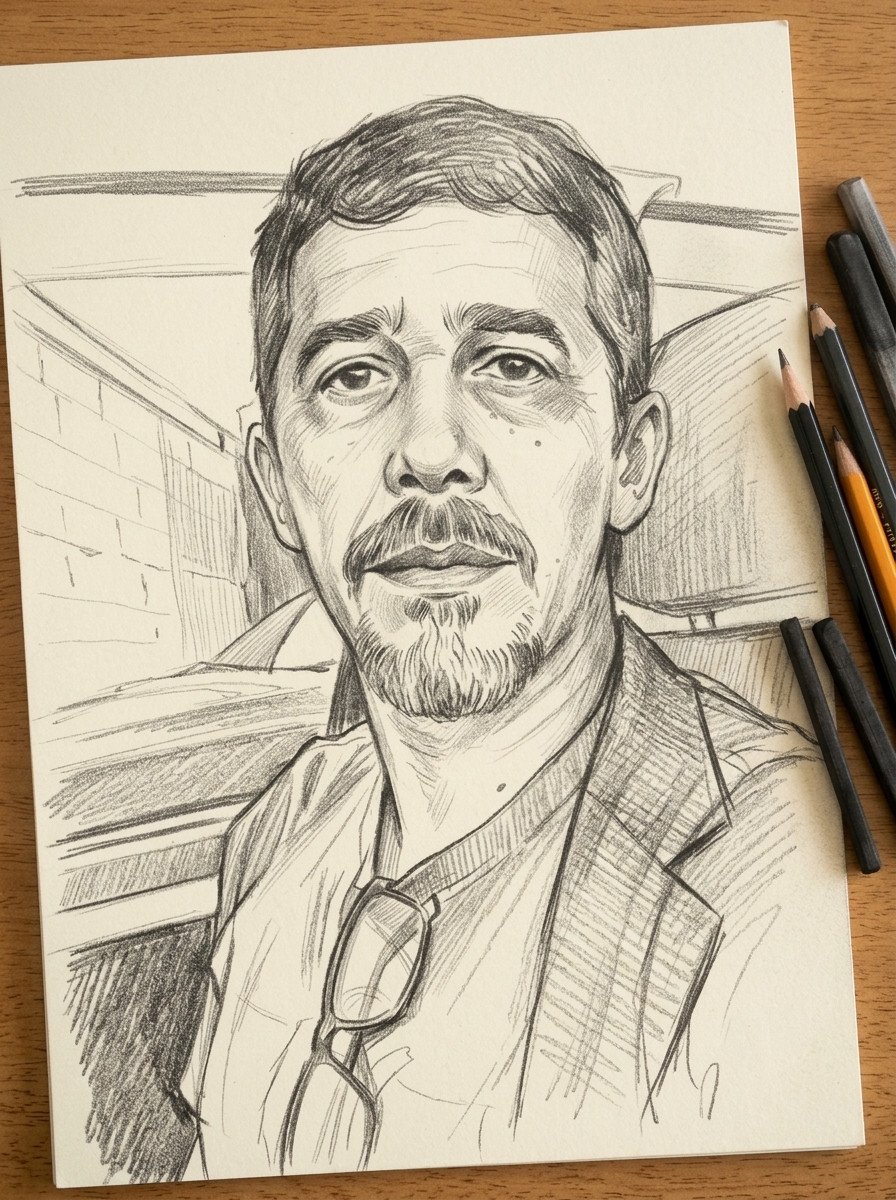Retrato de Davi Mota em desenho a grafite